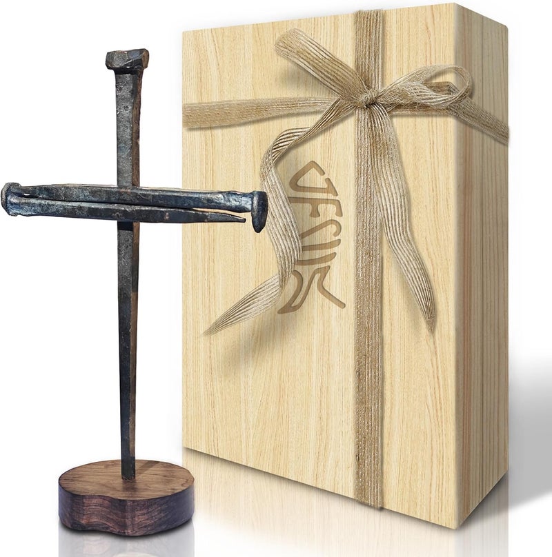 LeMeeOly Jesus Christ Crucifixion Nail Metal Cross Wooden Base, Baptism & Religious Gifts for Men Women,Christian Home Decor (Solid Wood Base) - Image 1
